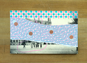 Turquoise Pink Abstract Collage Art On Vintage Retro Postcard - Naomi Vona Art