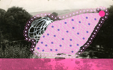 Neon Pink Contemporary Abstract Art Collage On Vintage Natural Landscape Postcard - Naomi Vona Art