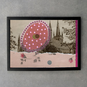 Pink Bordeaux Abstract Composition On Vintage Landscape Postcard - Naomi Vona Art