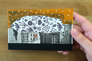 Black Orange Contemporary Collage On Vintage Postcard - Naomi Vona Art