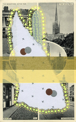 Yellow Gold Abstract Collage On Retro Postcard - Naomi Vona Art