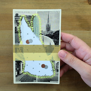 Yellow Gold Abstract Collage On Retro Postcard - Naomi Vona Art