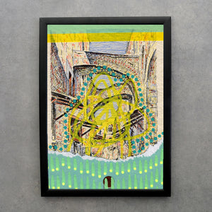 Mint Green And Yellow Abstraction On Vintage Illustrated Postcard - Naomi Vona Art