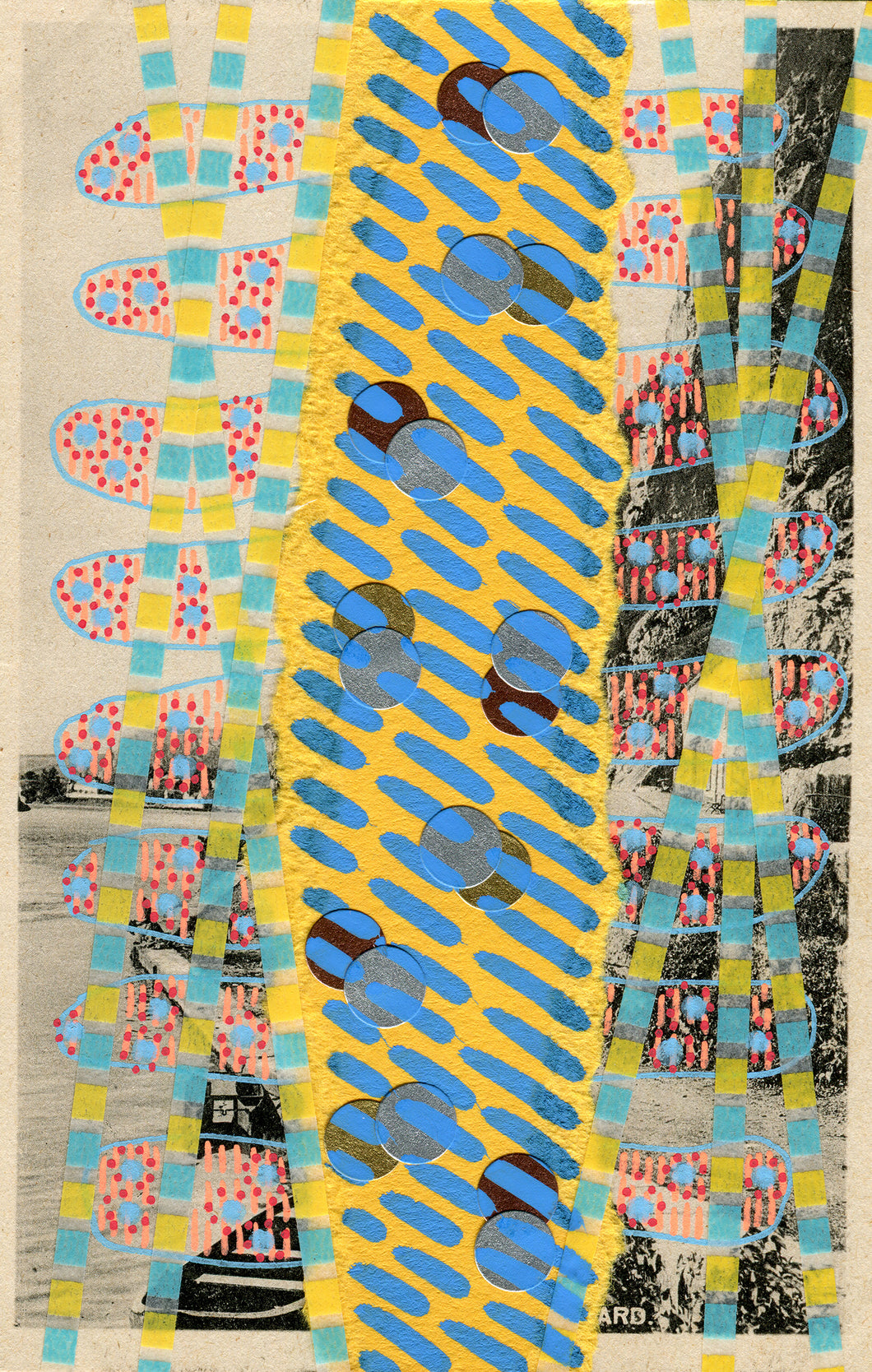 Light Blue Yellow Mixed Media Collage Art On Vintage Retro Postcard - Naomi Vona Art