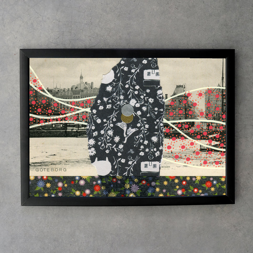 Red Black Abstract Collage On Vintage Postcard - Naomi Vona Art
