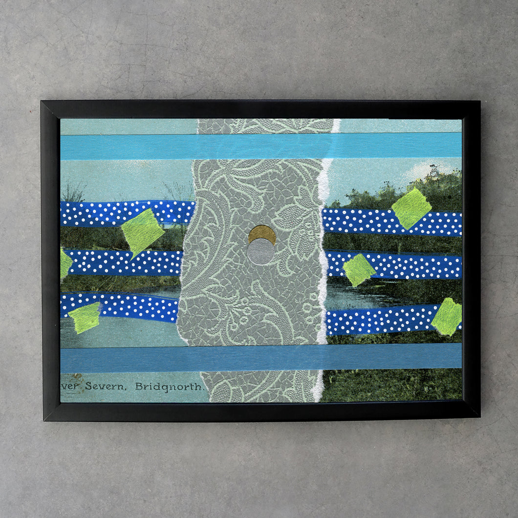 Blue Abstract Collage On Vintage Natural Landscape Postcard Print - Naomi Vona Art