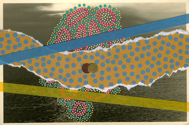 Mustard Turquoise Abstract Collage On Retro Vintage Seascape Postcard - Naomi Vona Art