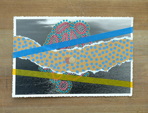 Mustard Turquoise Abstract Collage On Retro Vintage Seascape Postcard - Naomi Vona Art