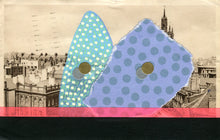 Cargar imagen en el visor de la galería, Black, Neon Red And Turquoise Mixed Media Art On Vintage City View Postcard - Naomi Vona Art
