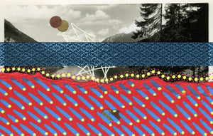 Red Blue Mixed Media Collage On Vintage Mountain View Postcard - Naomi Vona Art
