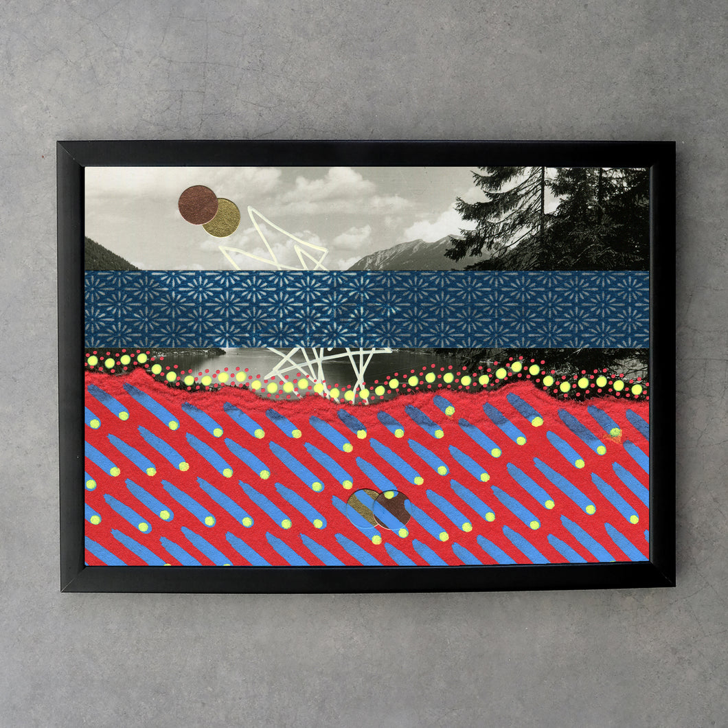 Navy Blue And Red Abstract Art On Relaxing Vintage Seascape Postcard - Naomi Vona Art