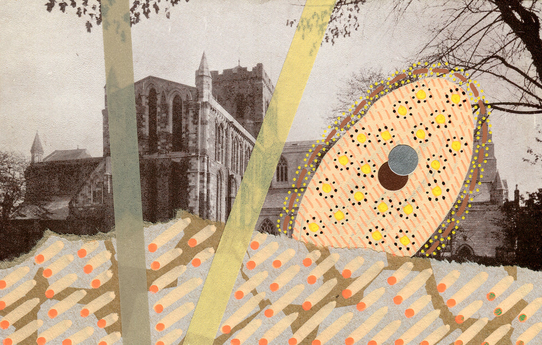 Beige Yellow Mixed Media Abstract Art Collage Composition On Vintage Postcard - Naomi Vona Art