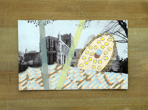 Beige Yellow Mixed Media Abstract Art Collage Composition On Vintage Postcard - Naomi Vona Art