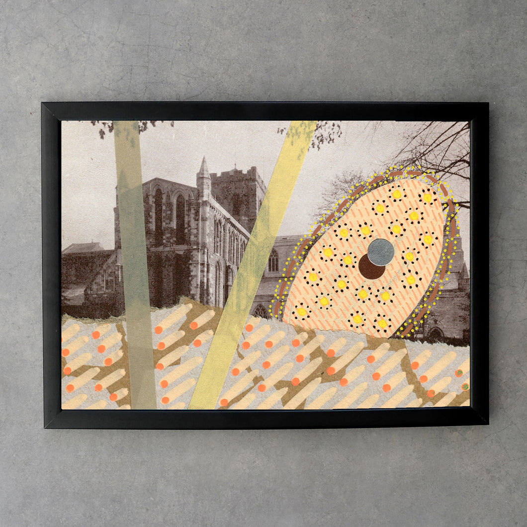Beige Pastel Yellow Abstract Art On Vintage Church Postcard - Naomi Vona Art