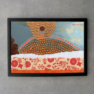Red Art Collage On Vintage Vesuvio Volcano Postcard - Naomi Vona Art