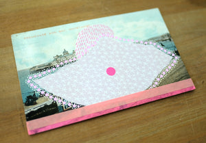 Pink Mixed Media Abstract Collage On Vintage Morecambe Postcard - Naomi Vona Art