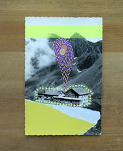 Load image into Gallery viewer, Neon Yellow And Purple Abstract Mixed Media Art Collage On Vintage Postcard - Naomi Vona Art
