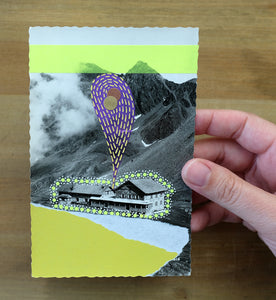 Neon Yellow And Purple Abstract Mixed Media Art Collage On Vintage Postcard - Naomi Vona Art