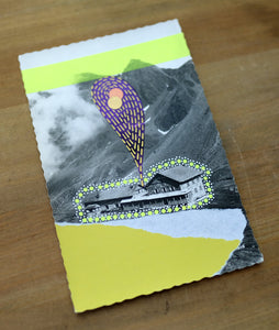 Neon Yellow And Purple Abstract Mixed Media Art Collage On Vintage Postcard - Naomi Vona Art