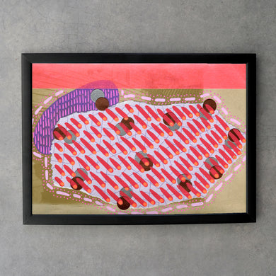 Neon Red Abstract Art Collage Print On Vintage Postcard - Naomi Vona Art