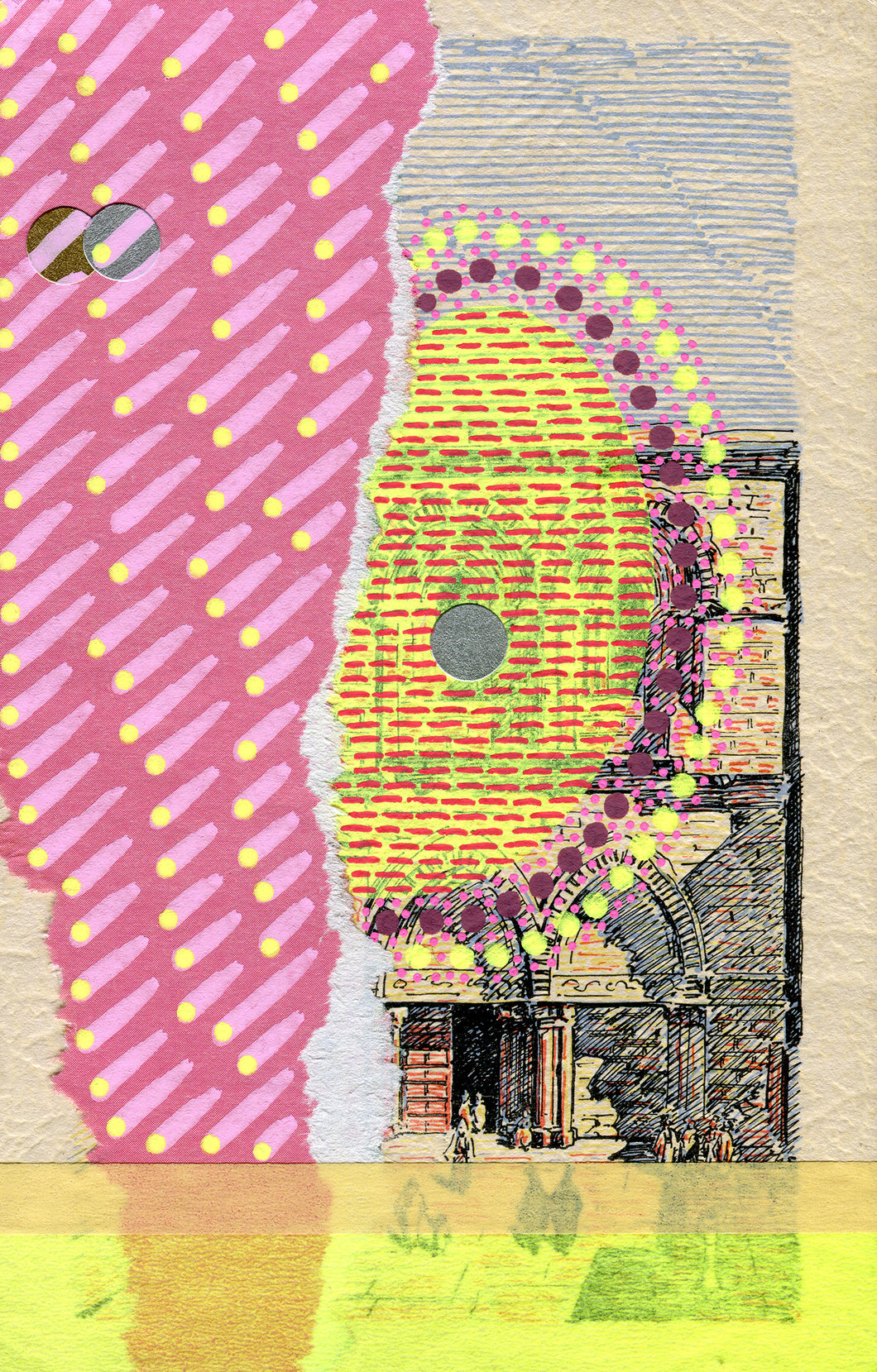 Pink And Yellow Abstract Art Composition On Vintage Postcard Illustration - Naomi Vona Art