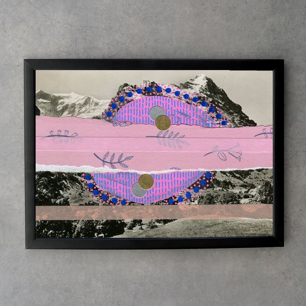 Pink Collage Art Print On Retro Postcard - Naomi Vona Art
