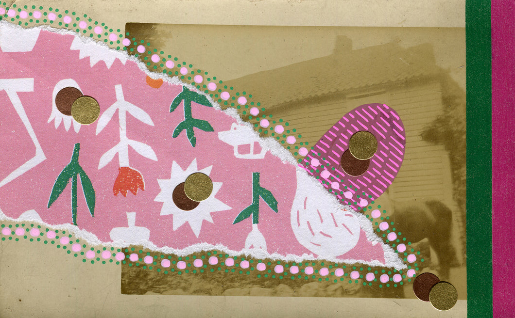Light Pink And Green Art Collage On Retro Postcard - Naomi Vona Art