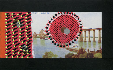 Black Red Collage Art On Vintage Forth Bridge Postcard - Naomi Vona Art
