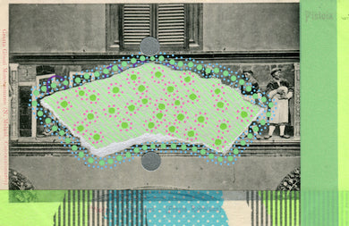 Neon Green And Light Blue Collage On Retro Postcard - Naomi Vona Art