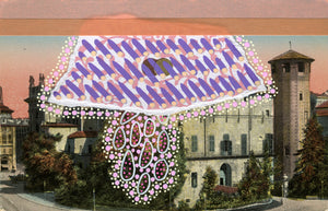 White, Pink And Purple Mixed Media Abstract Collage Art On Retro Postcard - Naomi Vona Art
