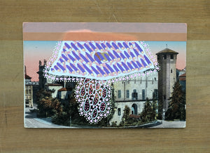 White, Pink And Purple Mixed Media Abstract Collage Art On Retro Postcard - Naomi Vona Art