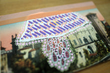将图片加载到图库查看器，White, Pink And Purple Mixed Media Abstract Collage Art On Retro Postcard - Naomi Vona Art
