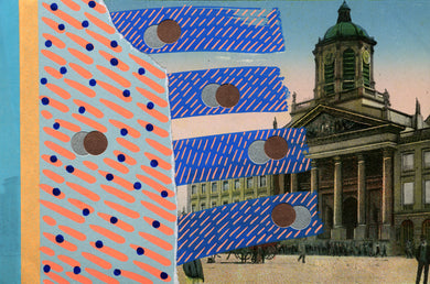 Neon Orange And Blue Collage Art On Retro Vintage Postcard - Naomi Vona Art