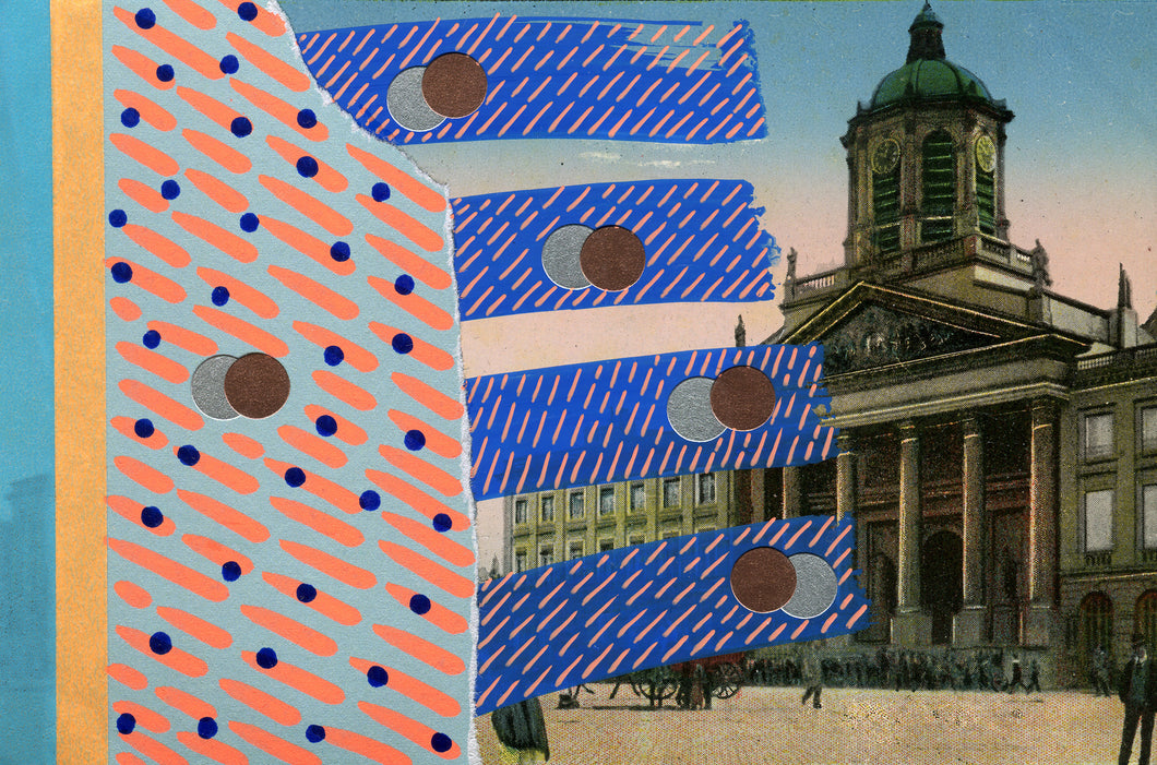 Neon Orange And Blue Collage Art On Retro Vintage Postcard - Naomi Vona Art
