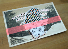 Load image into Gallery viewer, Neon Red, Black And White Art Collage On Vintage Mountain Scape Postcard - Naomi Vona Art
