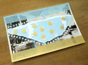 Pastel Blue, Light Orange And Gold Art Collage On Retro Postcard - Naomi Vona Art