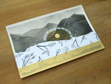 Load image into Gallery viewer, White And Gold Abstract Art Collage On Vintage Mountain Scape Postcard - Naomi Vona Art
