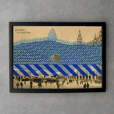 Blue Collage On Vintage Bruxelles Postcard Print - Naomi Vona Art