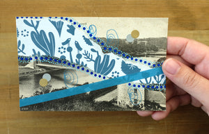 Blue Abstract Organic Mixed Media Art Collage On Vintage Postcard - Naomi Vona Art