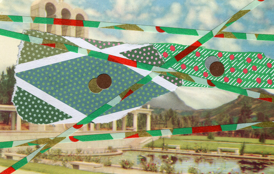 Green Red Mixed Media Art Collage On Retro Postcard Illustration - Naomi Vona Art