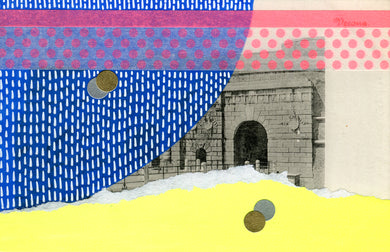 Neon Pink, Yellow And Blue Colour Block Style Art Collage On Vintage Postcard - Naomi Vona Art