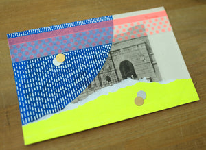 Neon Pink, Yellow And Blue Colour Block Style Art Collage On Vintage Postcard - Naomi Vona Art