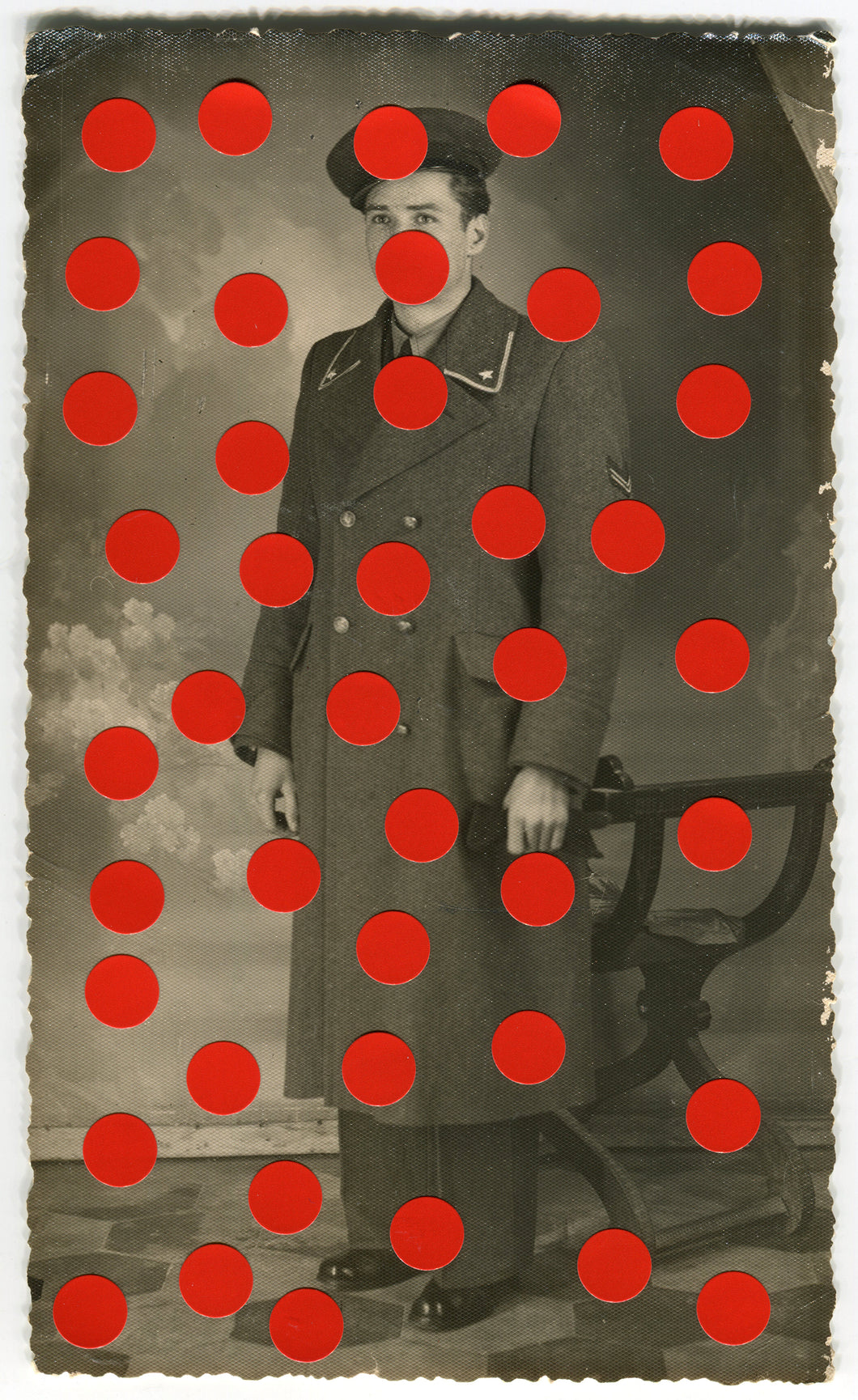 Vintage Man In Uniform Studio Portrait Altered With Dotty Red Stickers - Naomi Vona Art