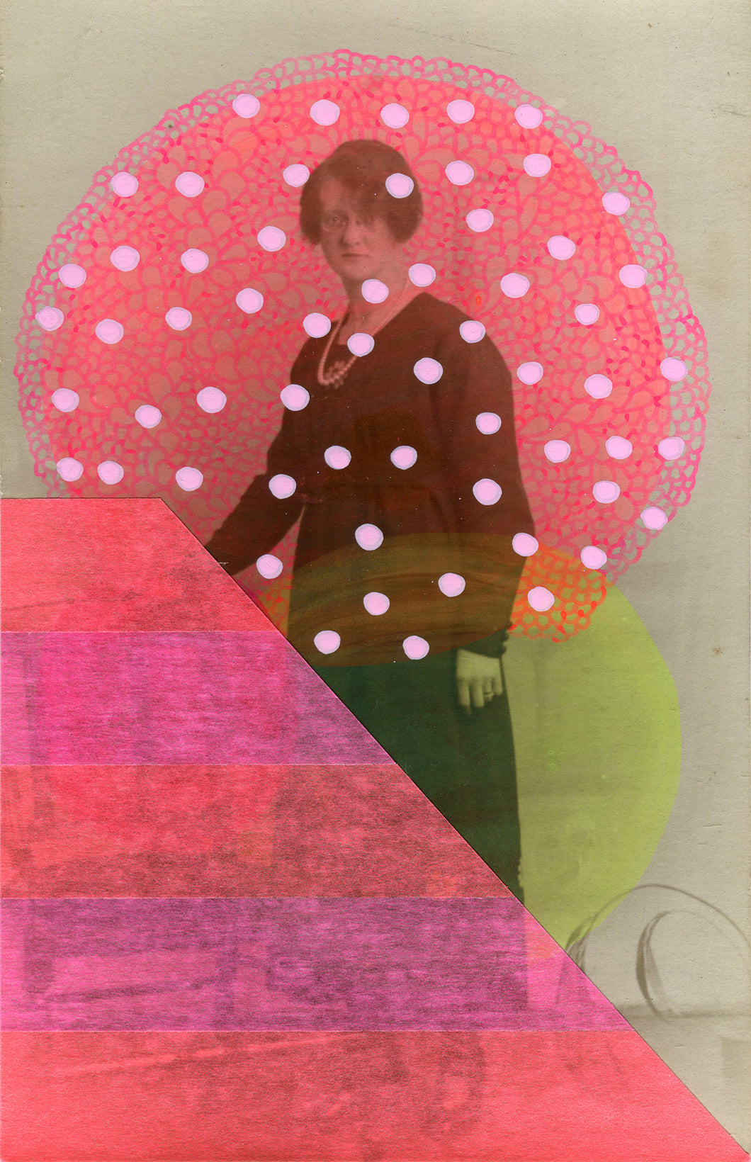 Neon Red And Pink Art Collage On Retro Vintage Portrait - Naomi Vona Art