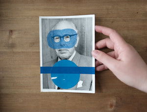 Blue Vintage Masked Man Portrait Photo Art Collage - Naomi Vona Art