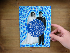 Blue And White Vintage Wedding Couple Portrait Art Collage - Naomi Vona Art