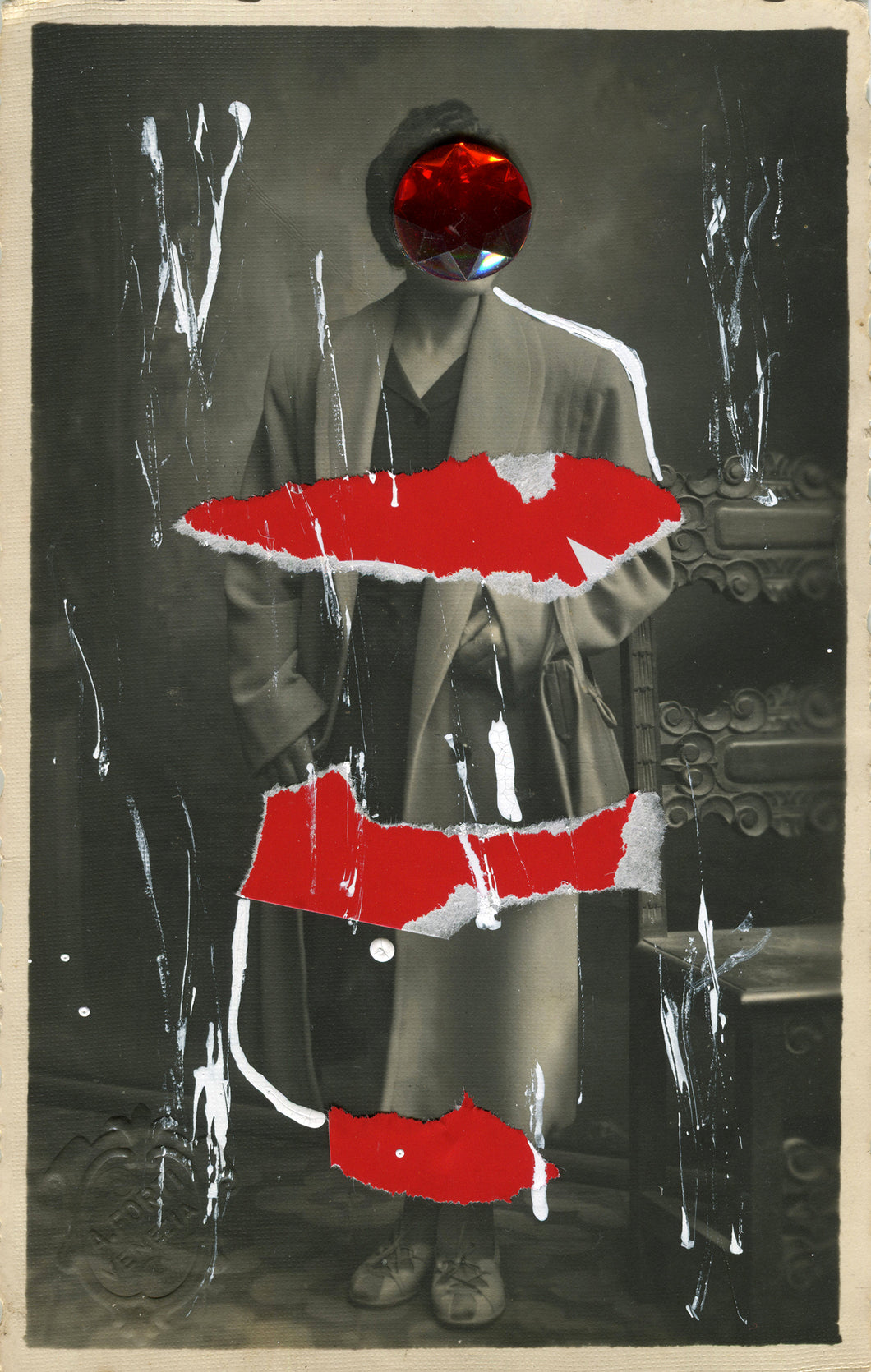 White And Red Collage On Vintage Woman Studio Portrait - Naomi Vona Art