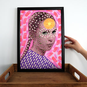 Manipulated Vintage Girl Portrait, Surreal Pink Art Collage Print - Naomi Vona Art