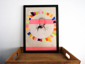 Contemporary collage artwork, vintage photo of a woman with many colors - Naomi Vona Art