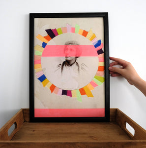Contemporary collage artwork, vintage photo of a woman with many colors - Naomi Vona Art